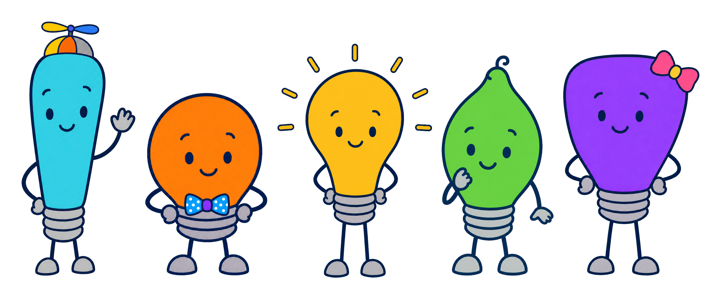 Five colorful Bright Bytes learning characters